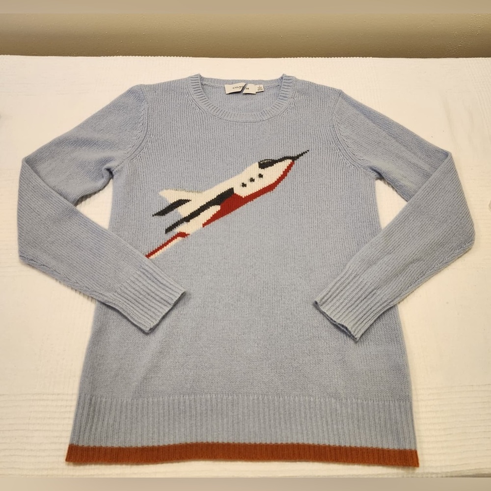 Coach 1941 Powder Blue Intarsia Sweater M 100% Cashmere Rare HTF Runway - Picture 8 of 14